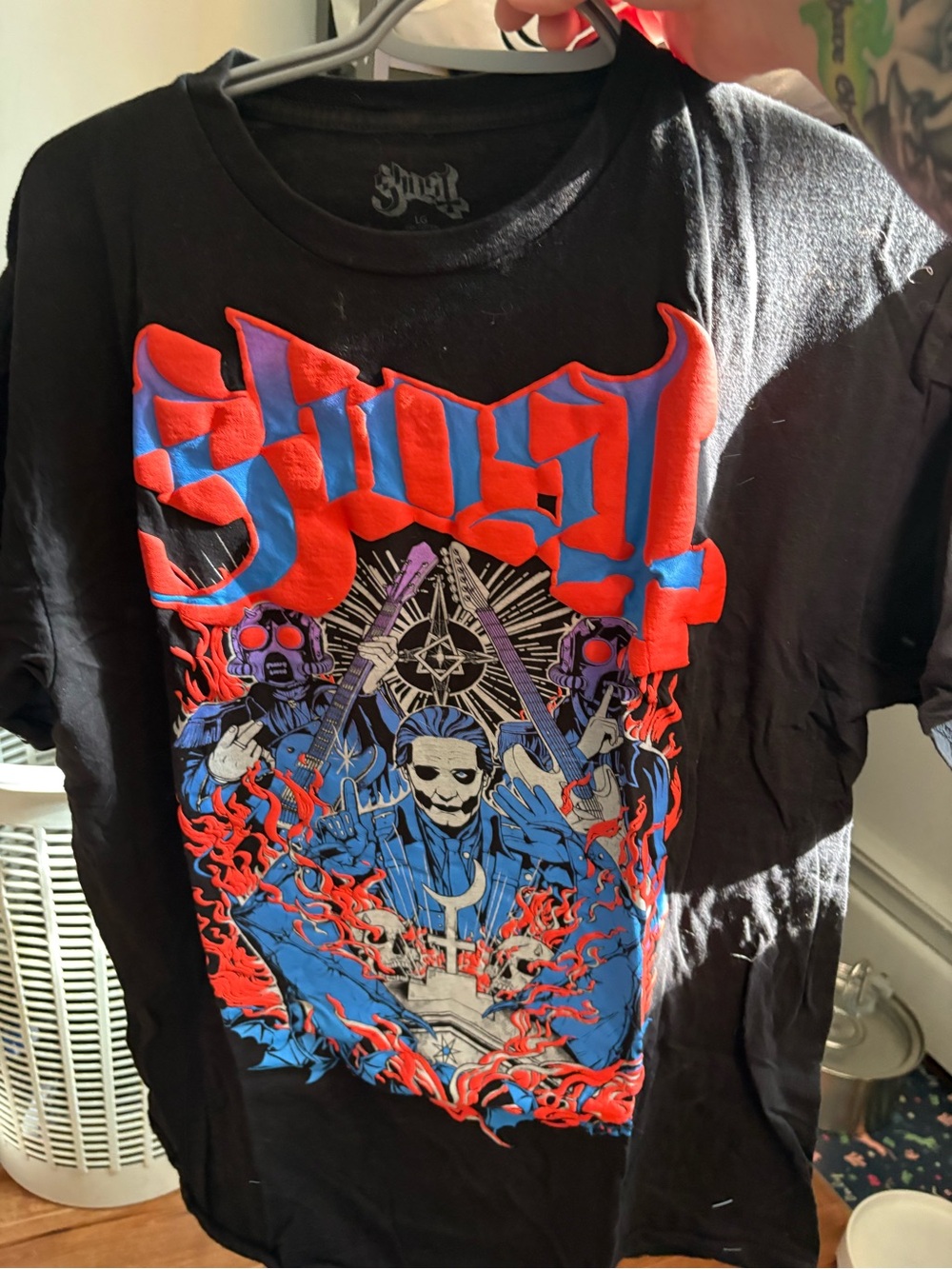 Hot Topic Black Graphic Tee with Red & Blue Band Artwork